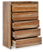 Five-drawer wooden chest in brown with drawers pulled out to show depth