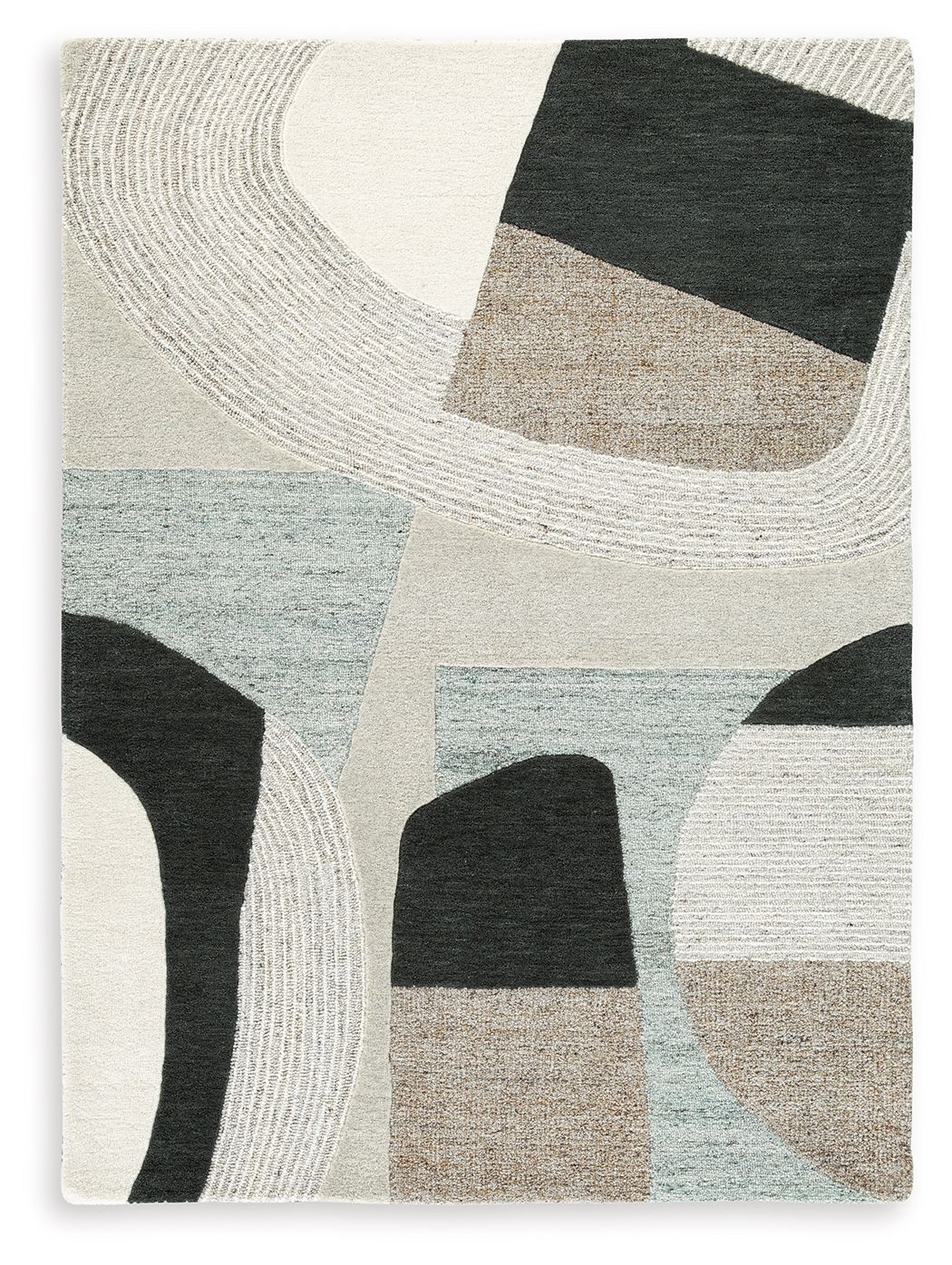 Beige abstract area rug with wavy concentric lines and dark gray, light blue, and tan blocks