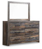 Wood dresser with framed mirror, six drawers with black metal pulls