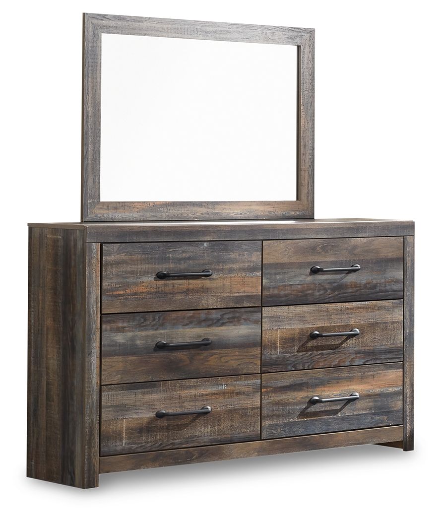 Wood dresser with framed mirror, six drawers with black metal pulls