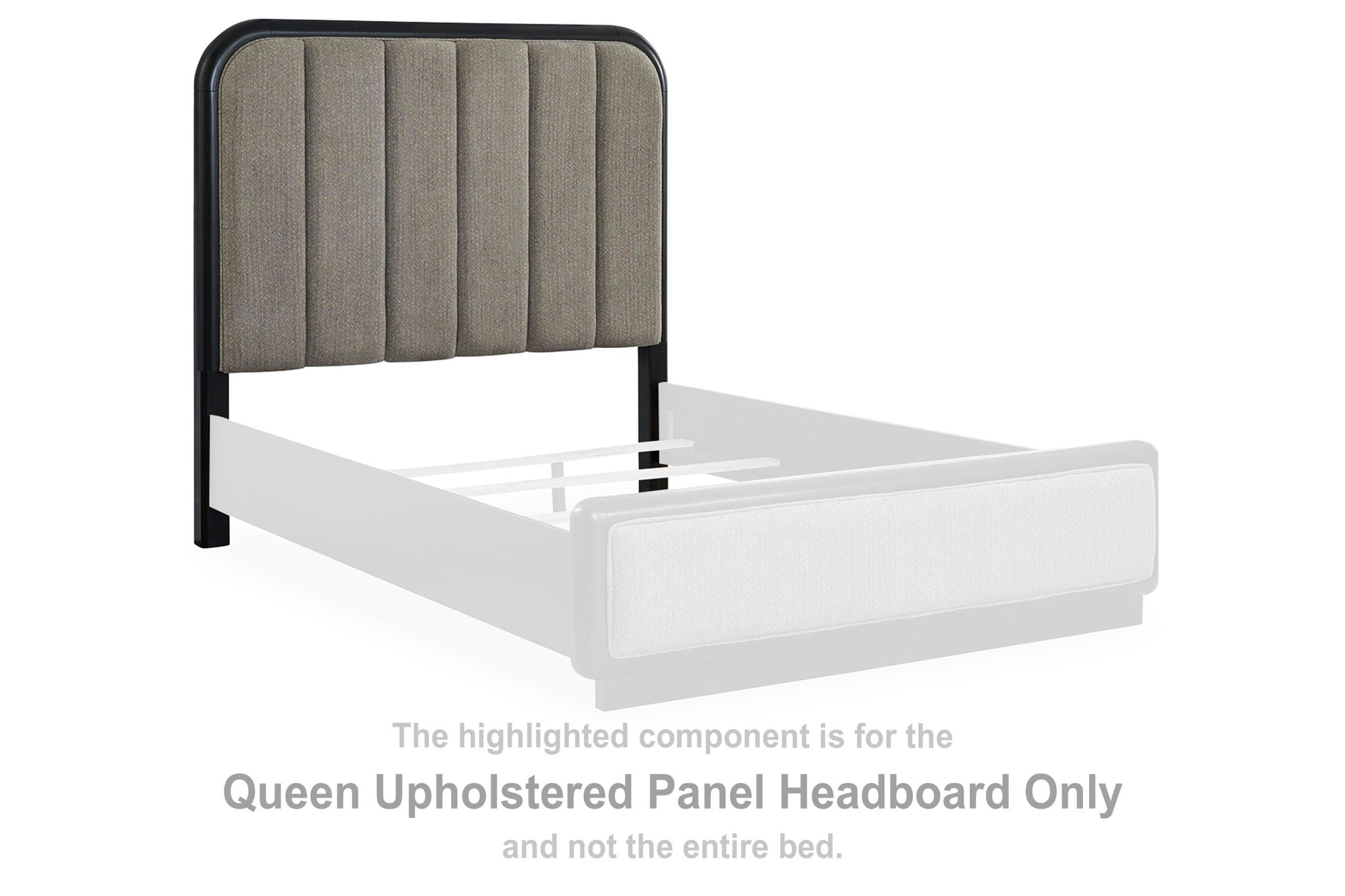 Queen upholstered panel headboard, gray fabric with black trim