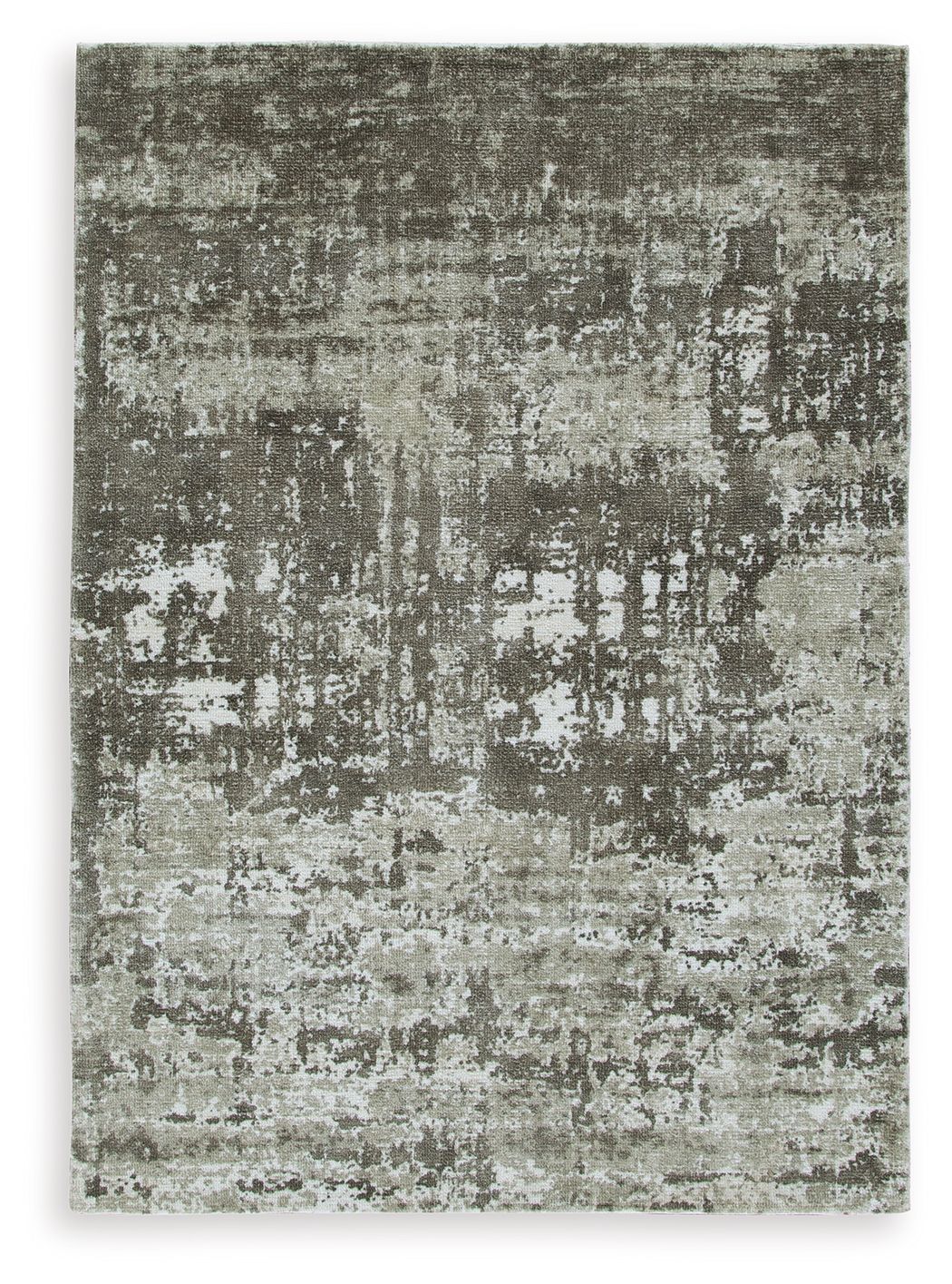 Dark gray area rug with distressed, mottled pattern and short, dense pile texture