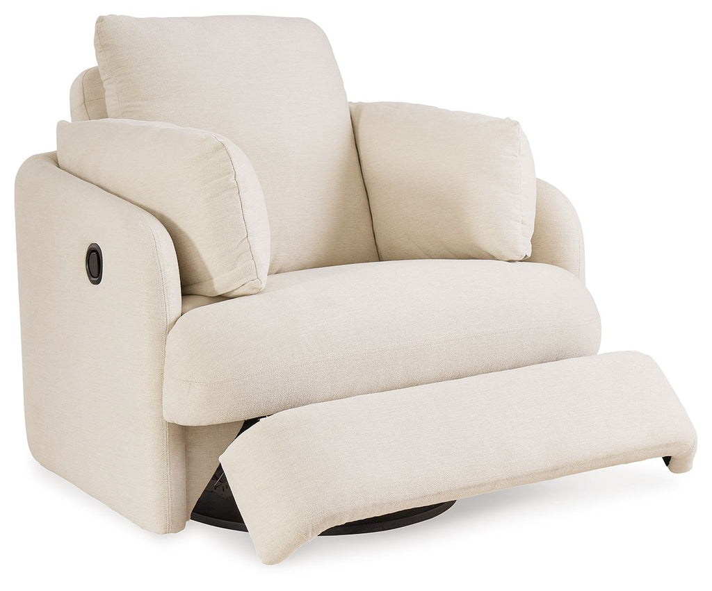 Cream swivel glider recliner with tall back, padded arms, and two accent cushions