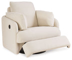 Cream swivel glider recliner with tall back, padded arms, and two accent cushions