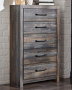Wood dresser with 6 drawers and metal bar pulls, close-up front view