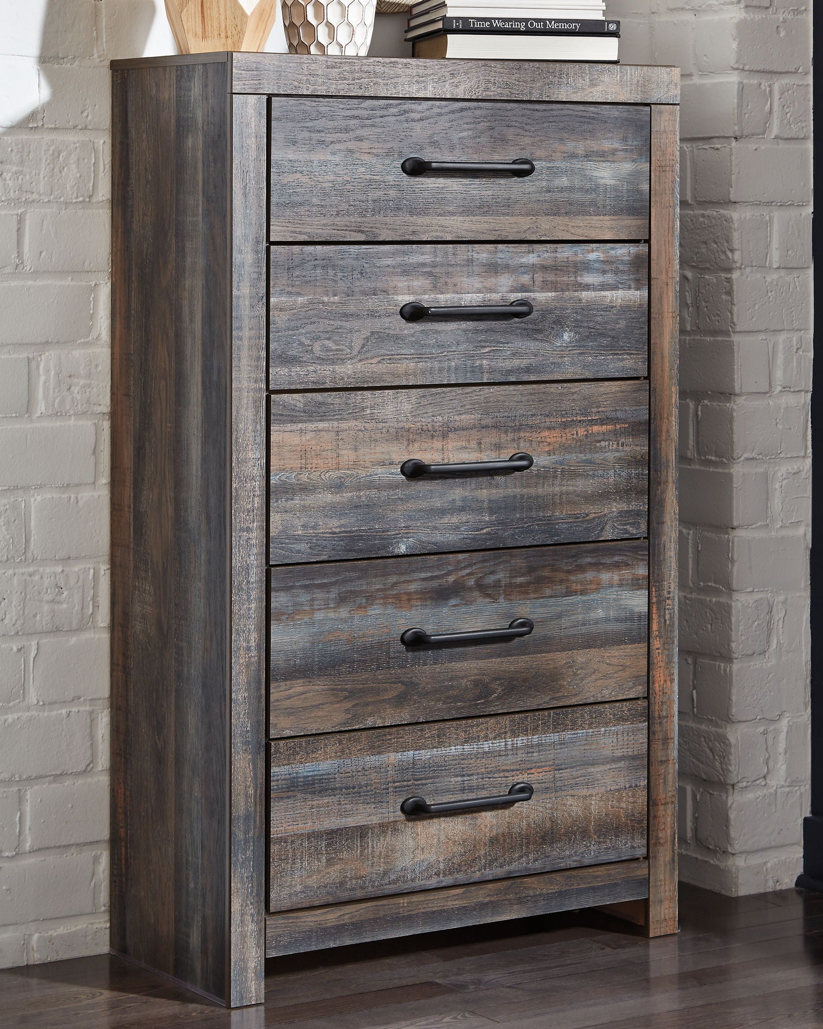 Wood dresser with 6 drawers and metal bar pulls, close-up front view