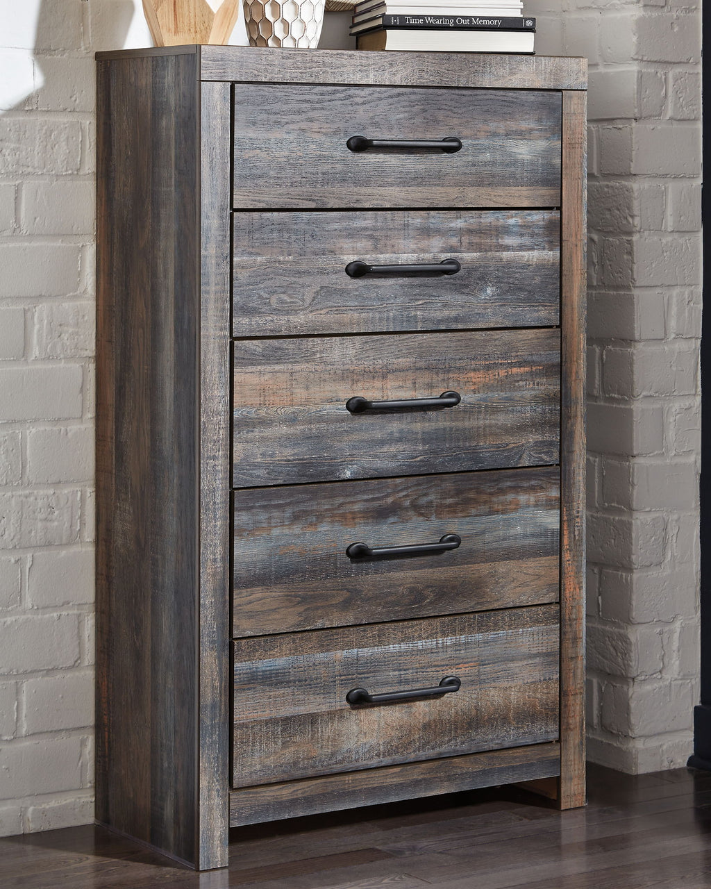 Tall wood-finish chest with 5 drawers and black bar pulls
