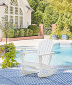 White Adirondack rocking chair with slatted back and armrests, shown on outdoor deck.