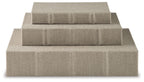 Beige fabric keepsake box set with stacked lids, closed presentation style