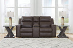 Double reclining loveseat with center console, dark brown leather-look upholstery, sofa arms