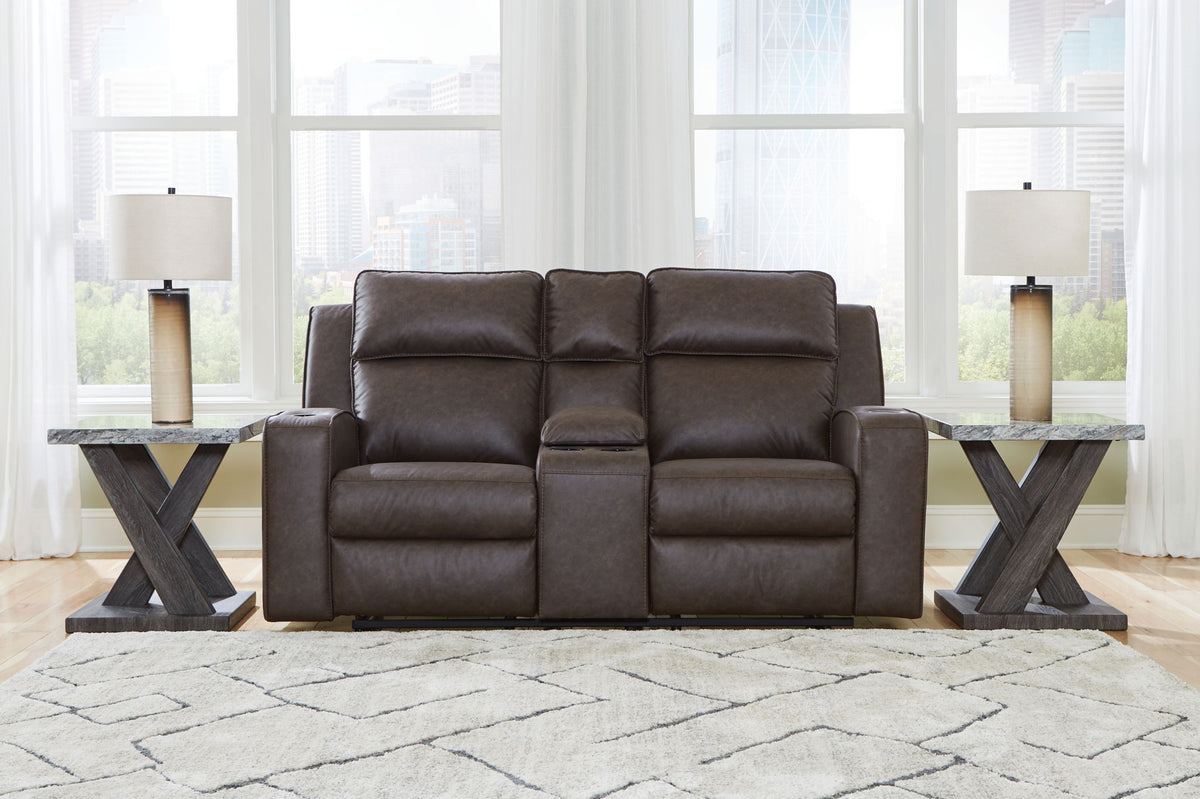 Double reclining loveseat with center console, dark brown leather-look upholstery, sofa arms