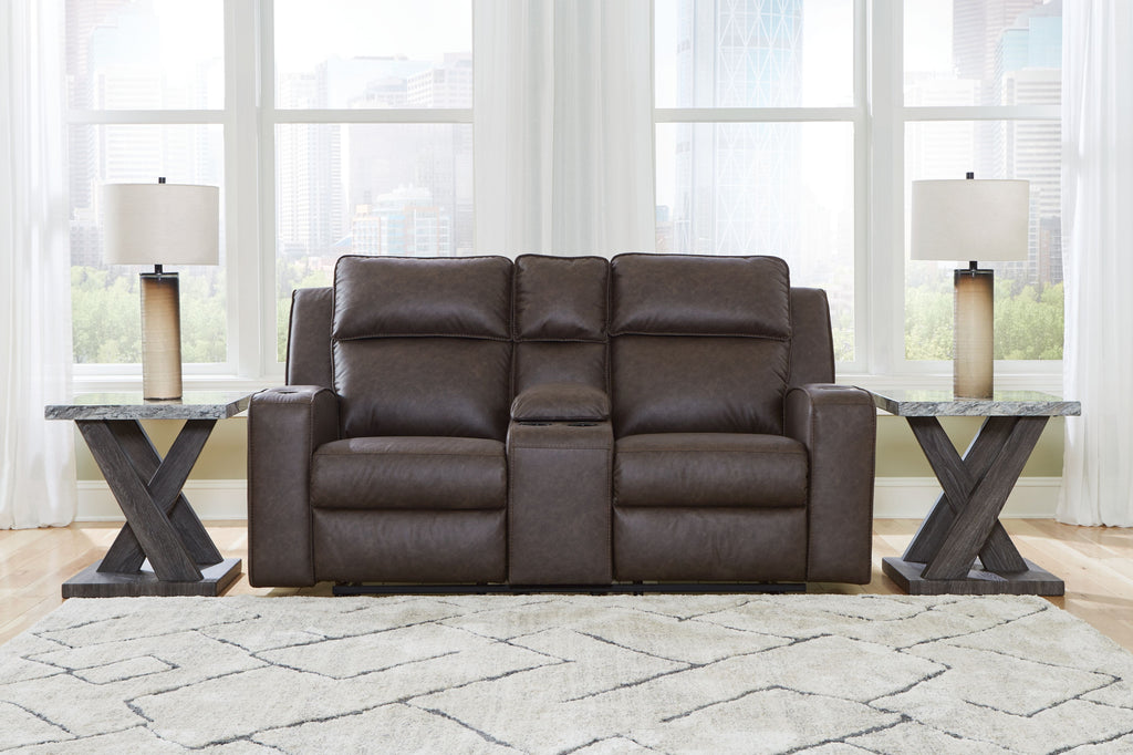 Granite gray double recliner loveseat with center console, tufted back cushions