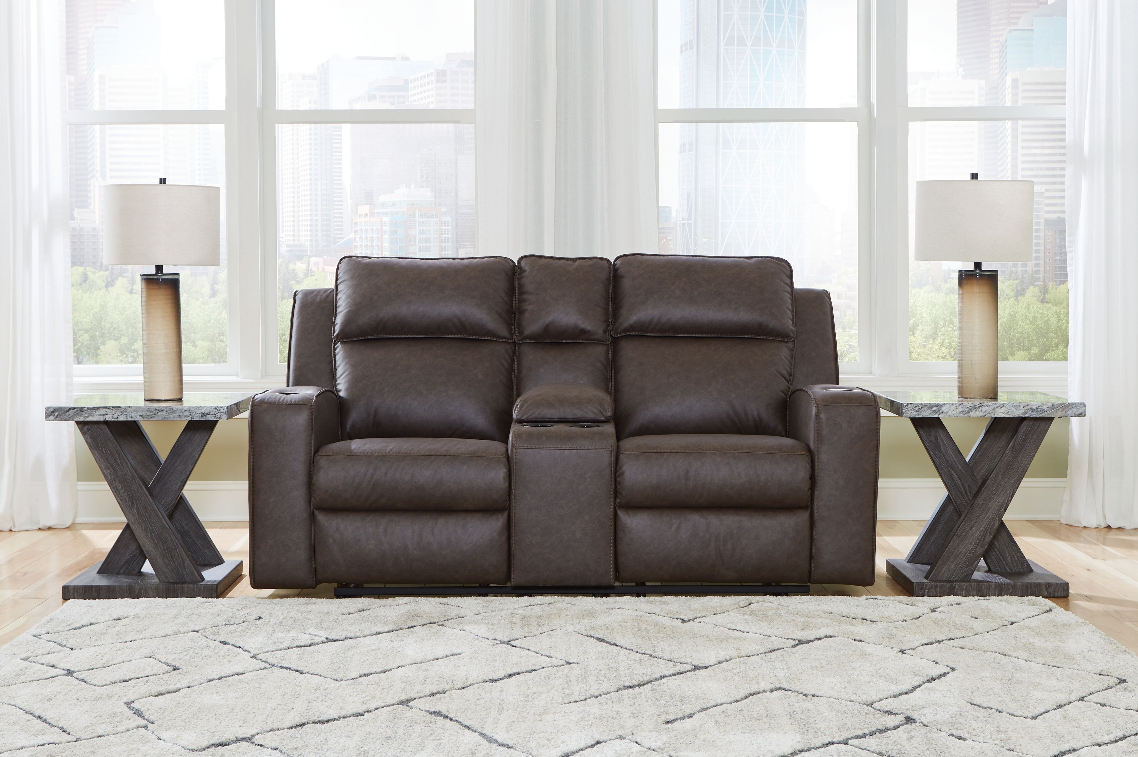 Granite gray double recliner loveseat with center console, tufted back cushions