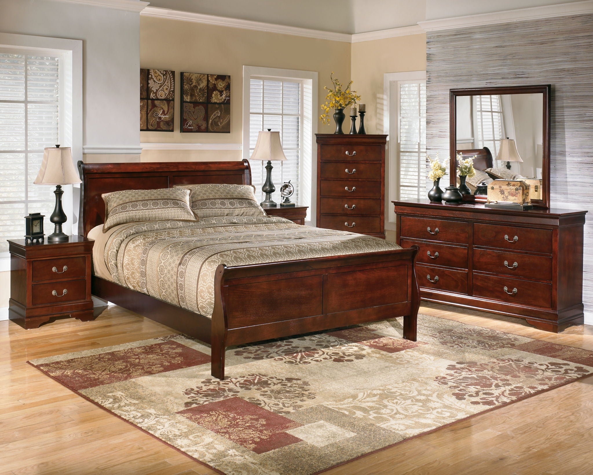 Dark brown sleigh bed with tall headboard and two-piece patterned bedding set