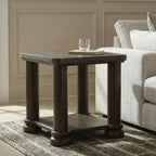 Dark brown rectangular end table with lower shelf, turned legs, and rounded corners