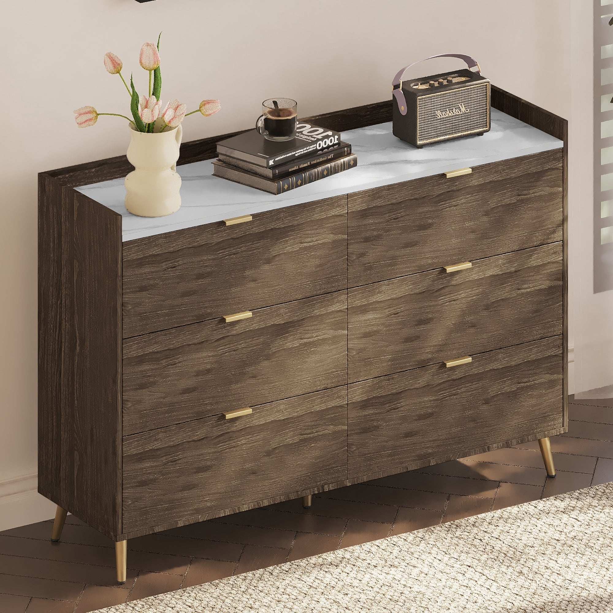 55" 6-Drawer Dresser Marbling Top Walnut