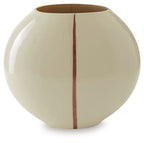 Beige ceramic vase with glossy finish and vertical brown stripe on front