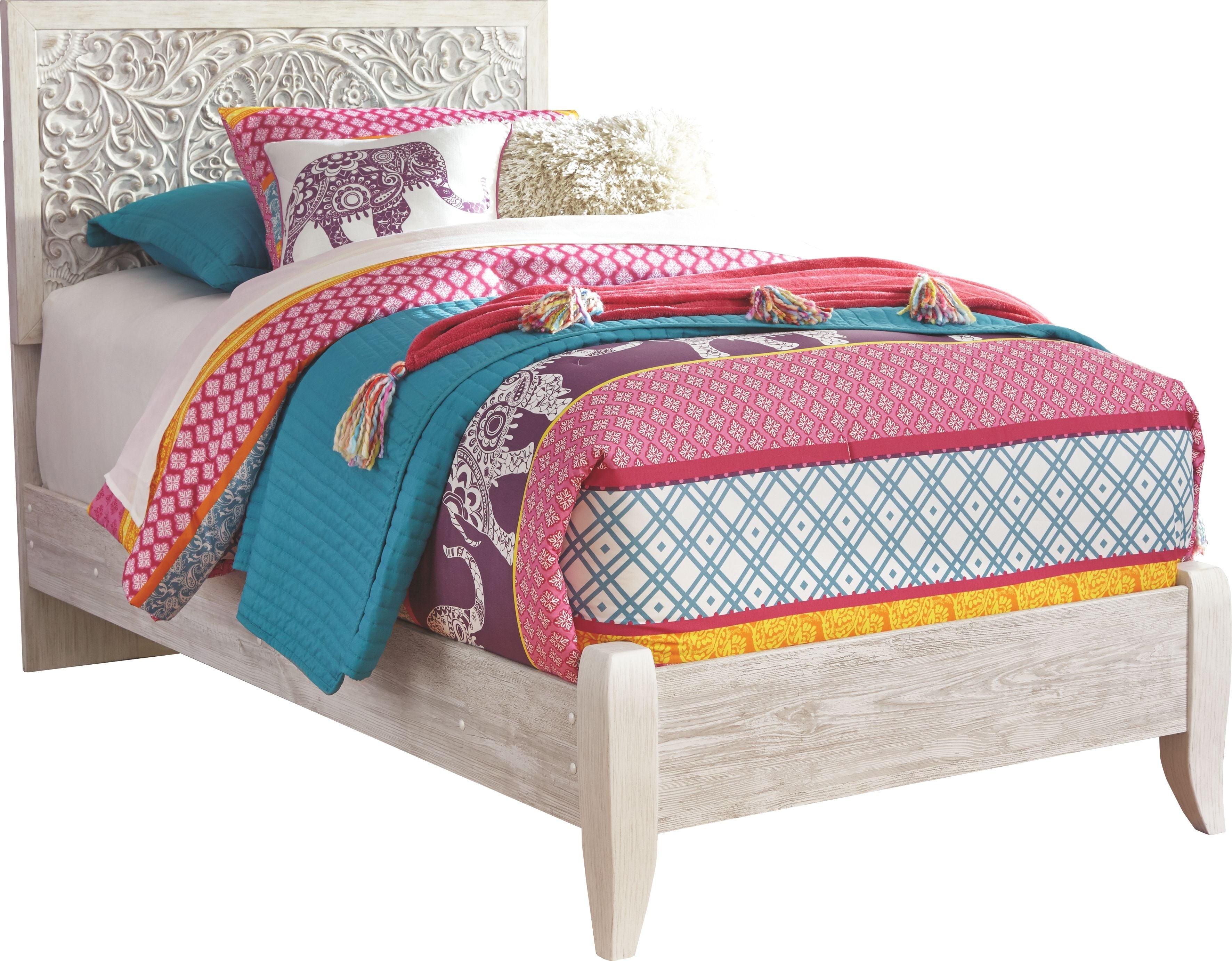 Paxberry youth bedroom set with white youth bed and patterned bedding
