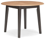 Round drop-leaf dining table with wood top and dark legs, leafs closed