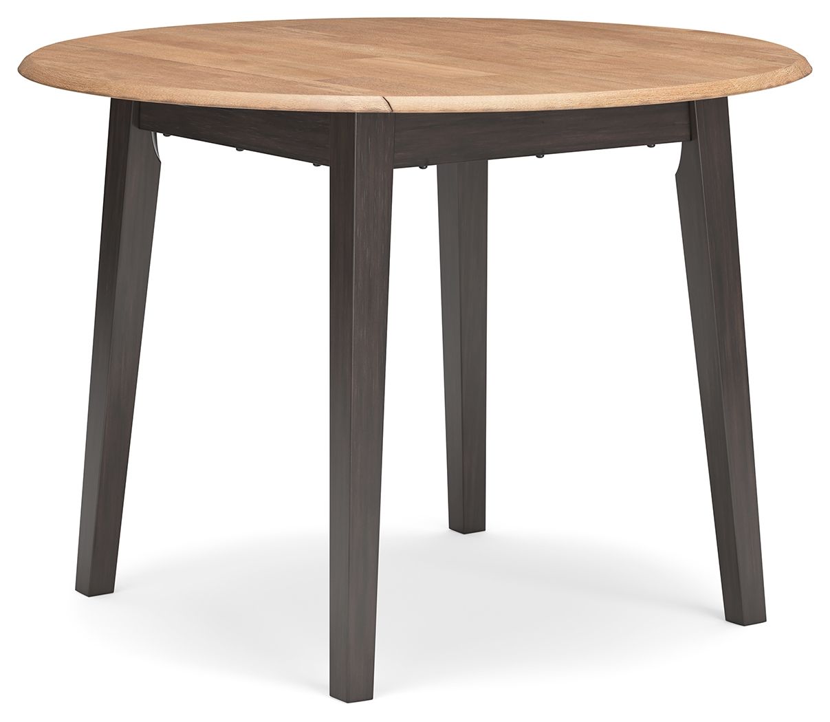 Round drop-leaf dining table with wood top and dark legs, leafs closed