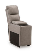 Light gray upholstered armchair with side storage pocket and padded armrests