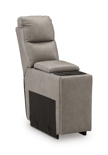 Light gray upholstered armchair with side storage pocket and padded armrests
