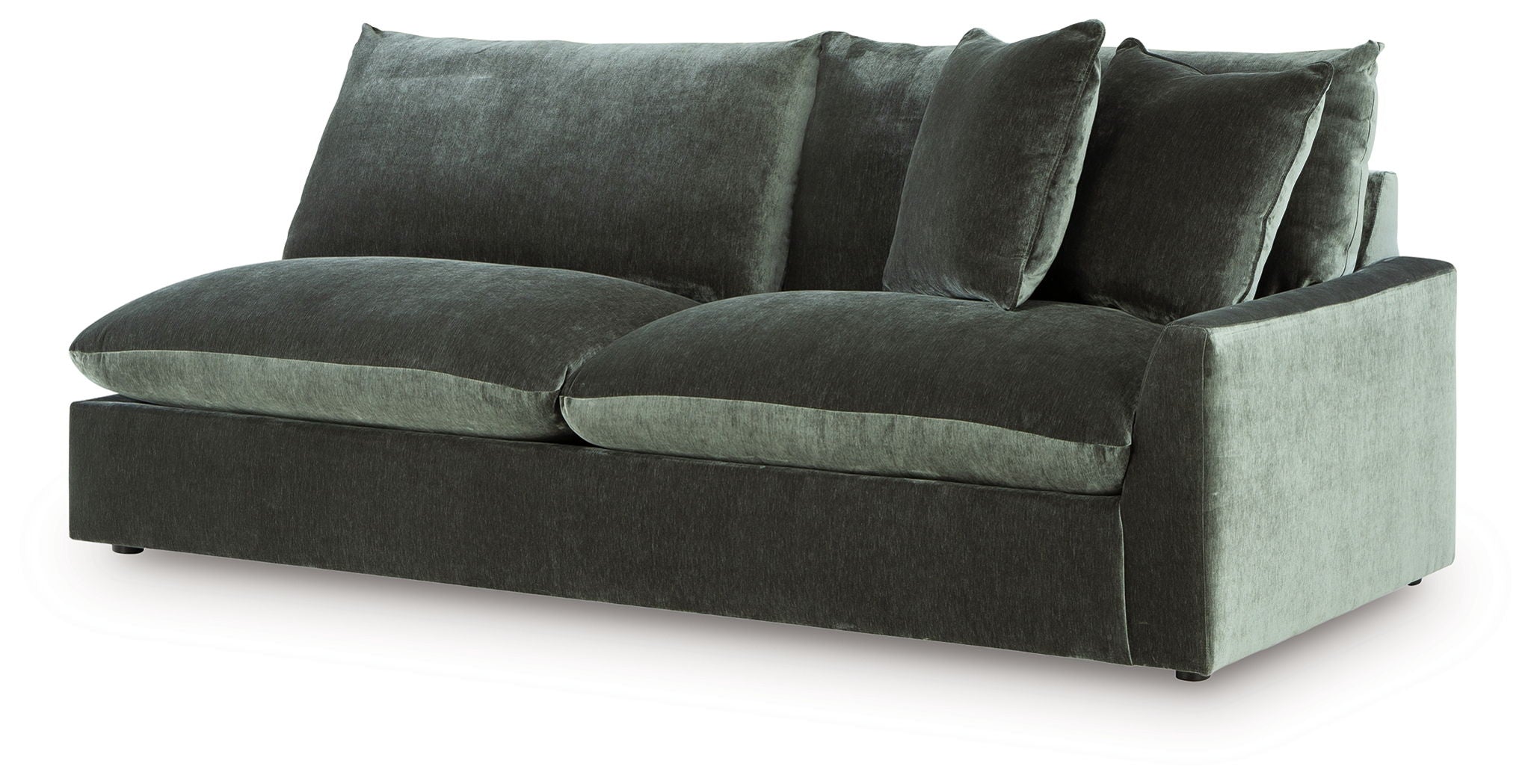 Jade green velvet sofa with curved chaise seat and three tall back cushions