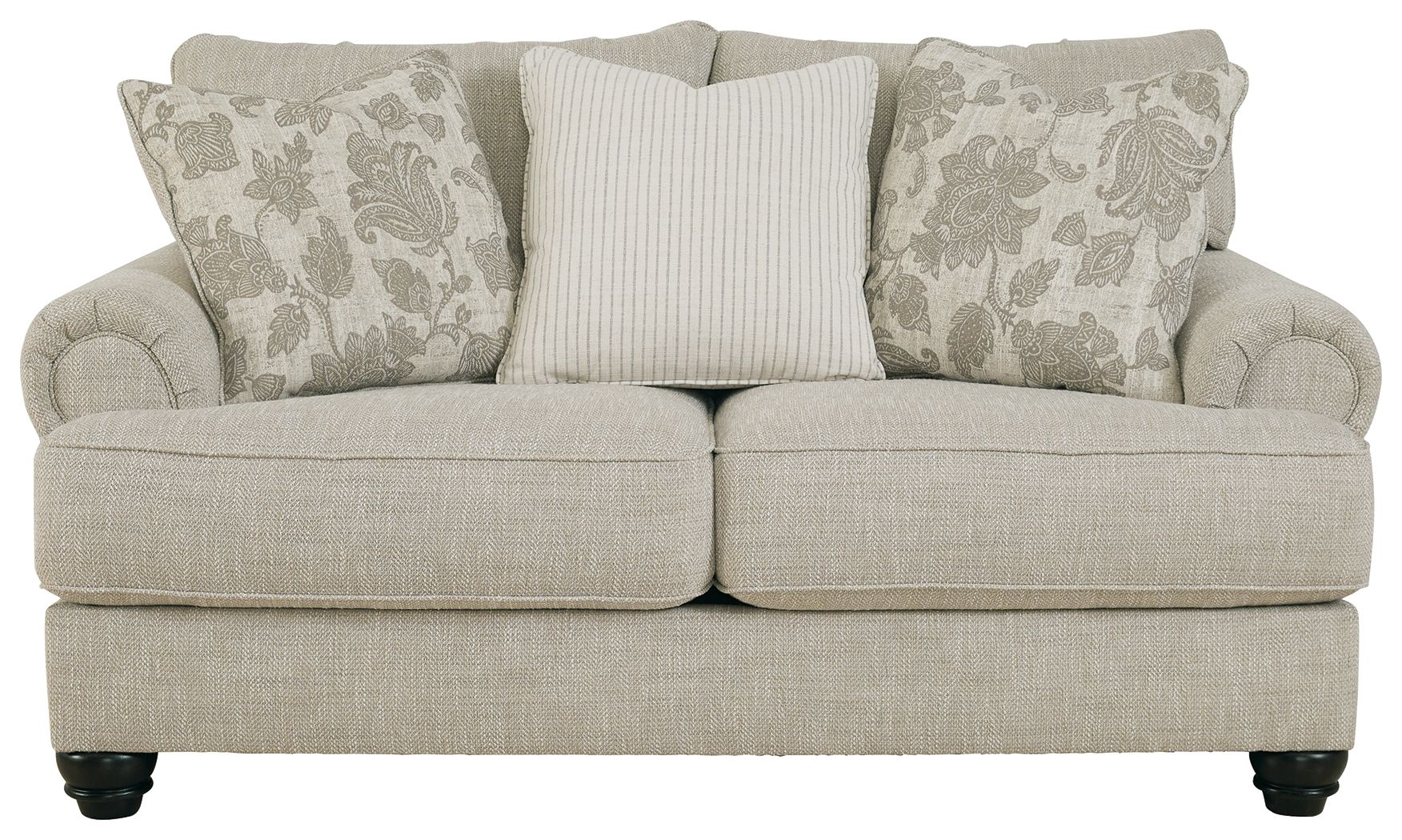 Fog light gray loveseat with three accent pillows, striped center and patterned sides.