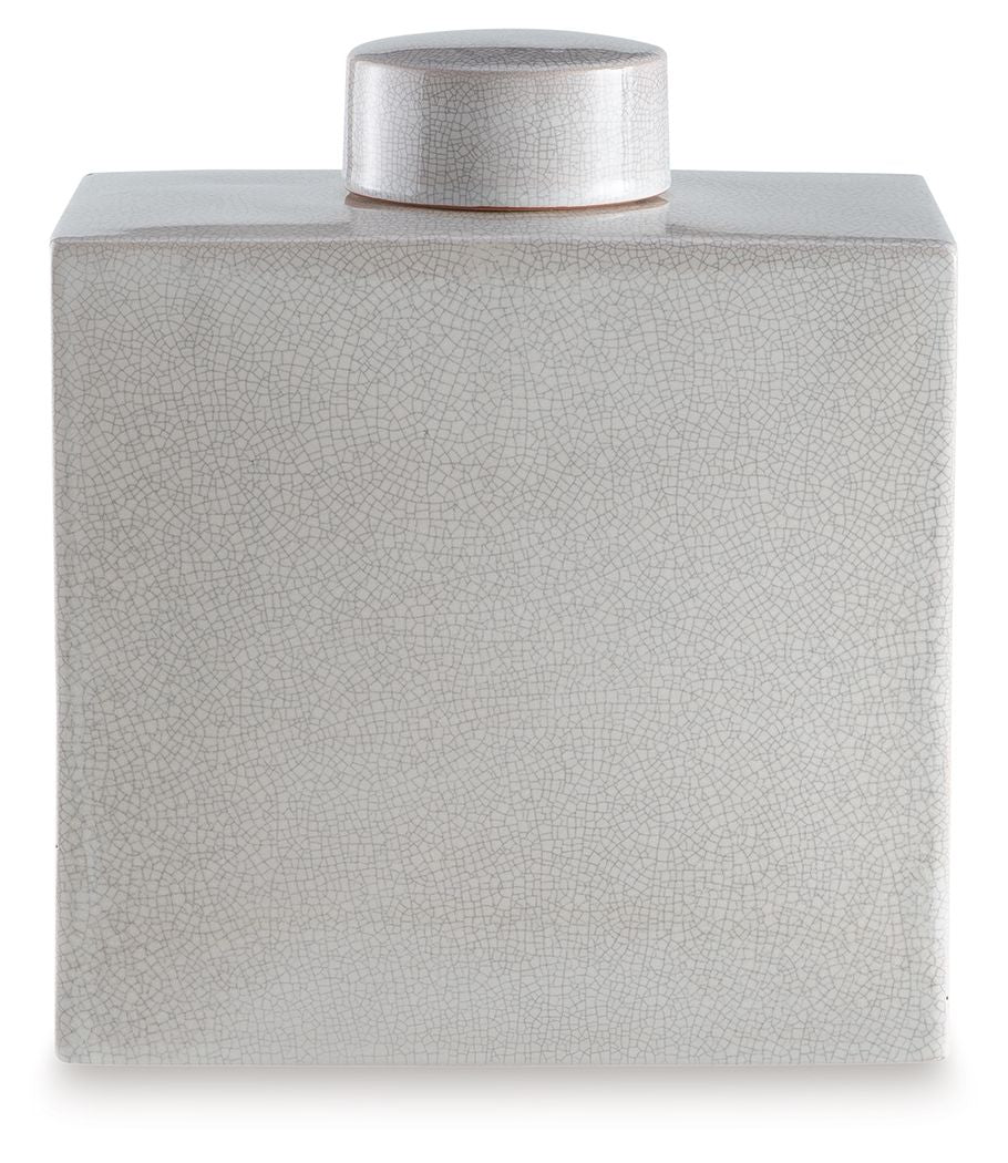 Haddworth jar in white crackle texture with round lid and gold base ring