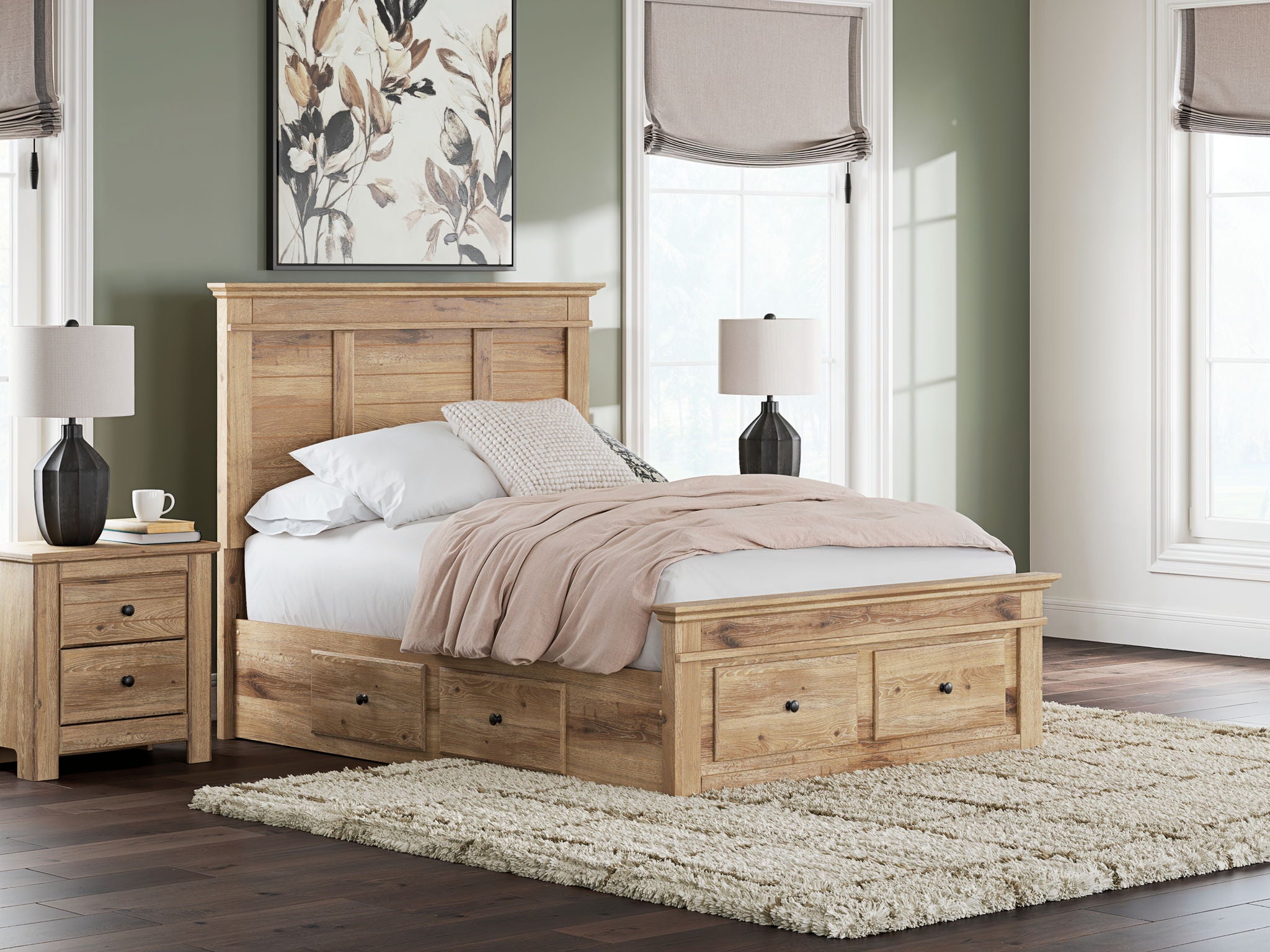 Light brown panel storage bed with side drawers, low footboard, and paneled headboard.