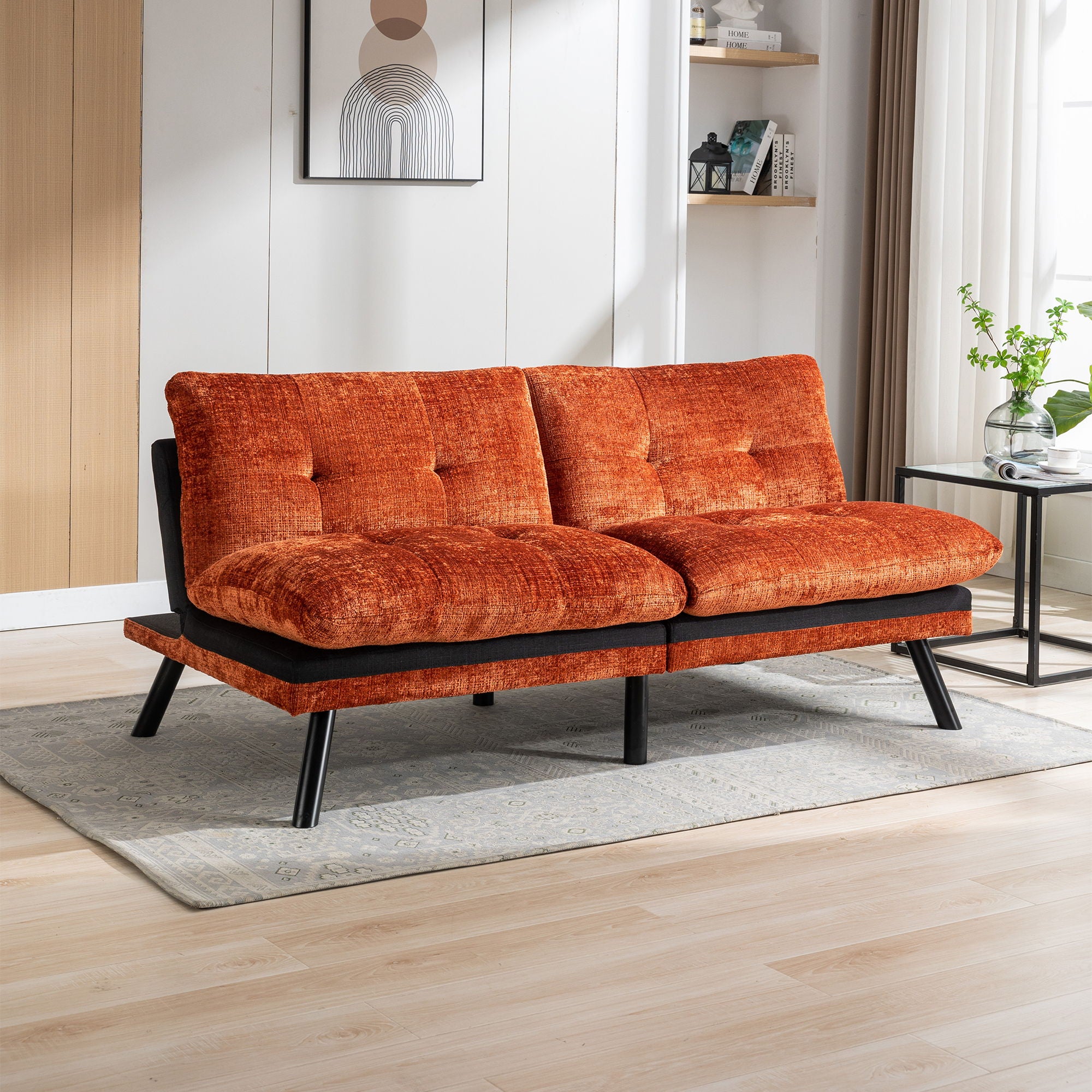 Convertible Sofa Bed Loveseat Futon Bed Breathable Adjustable Lounge Couch With Metal Legs, Futon Sets For Compact Living Space Chenille- Orange