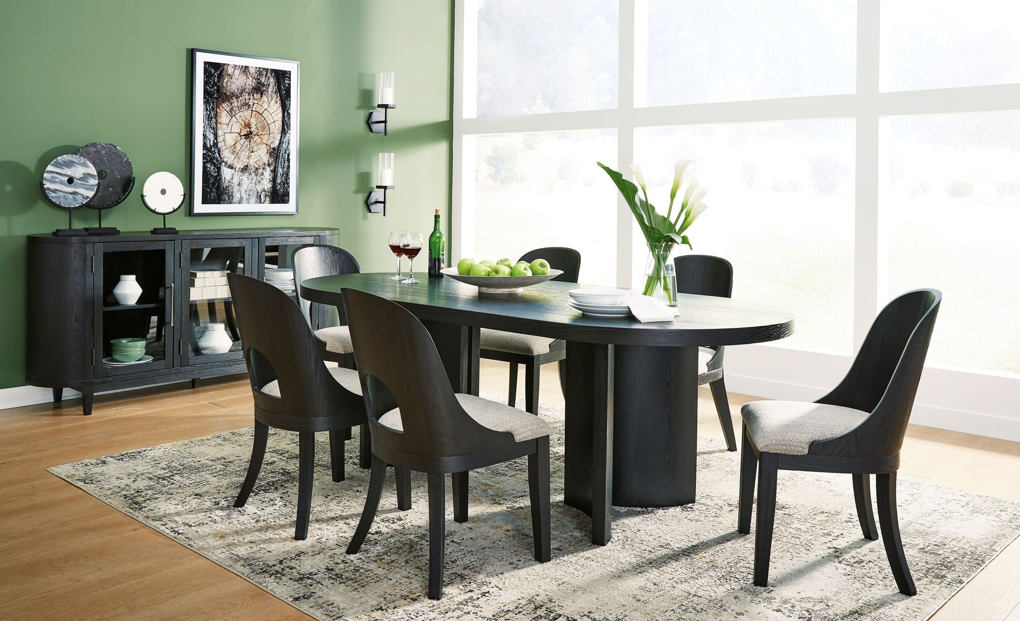 Black dining table set with six chairs and server cabinet