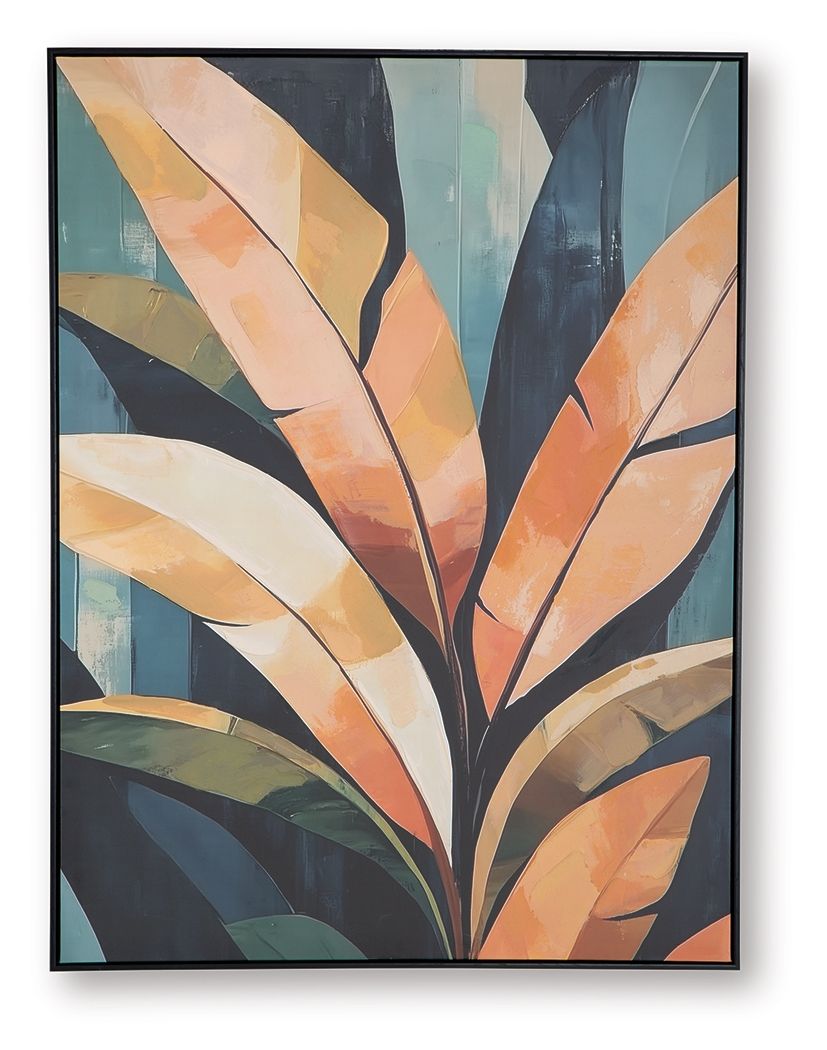 Framed abstract leaf wall art with teal, navy, orange, and cream fan shapes