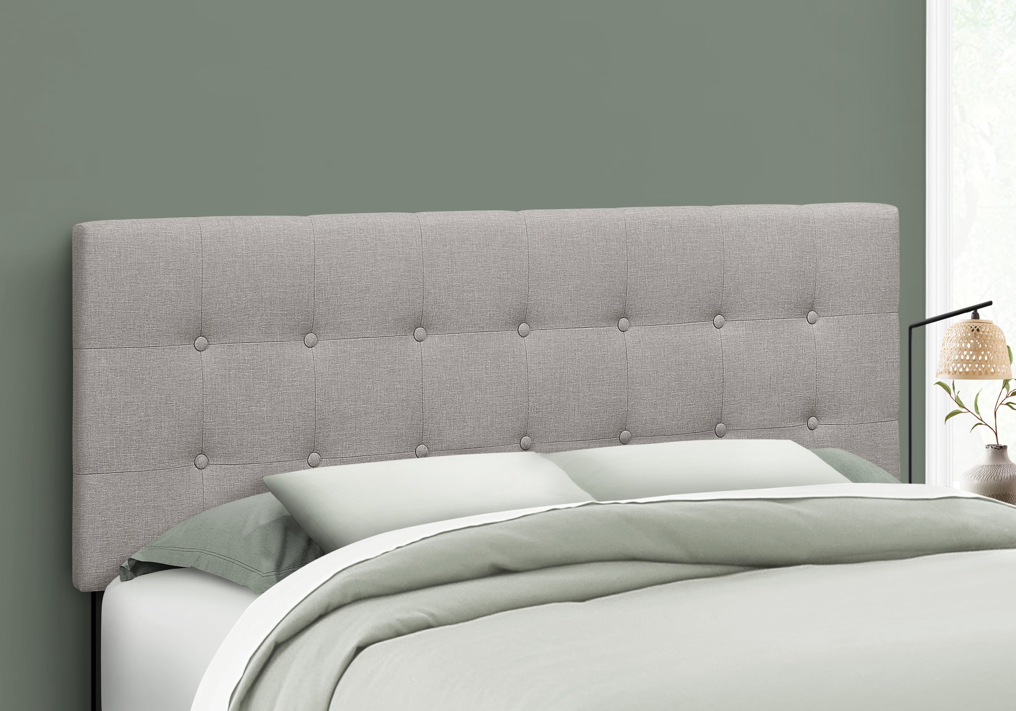 Queen Upholstered Headboard - Grey Linen Look, Transitional Bed