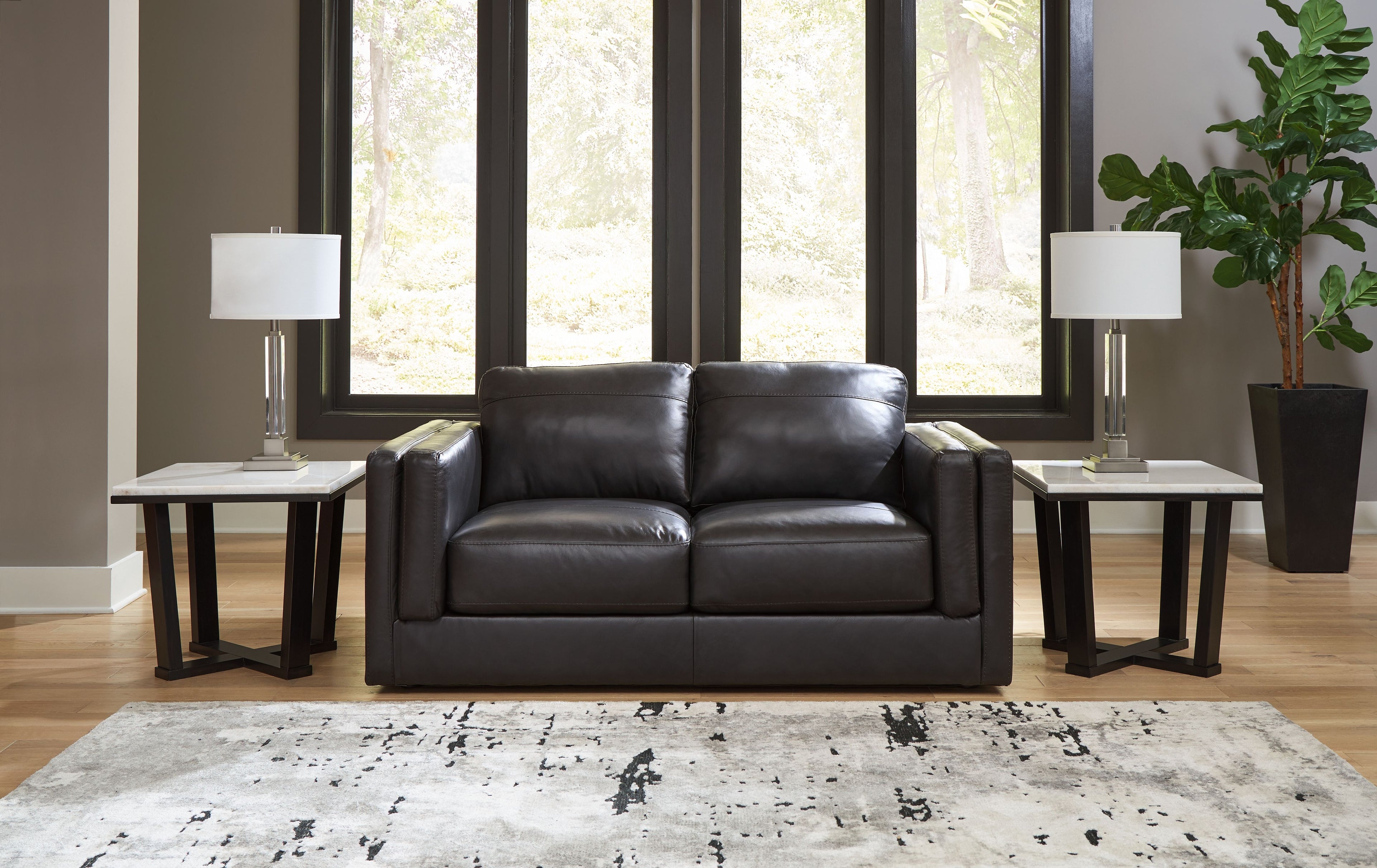 Amiata onyx loveseat, dark leather-look with two seat cushions and padded back