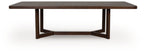 Dark brown rectangular extension dining table with flat top and squared legs.