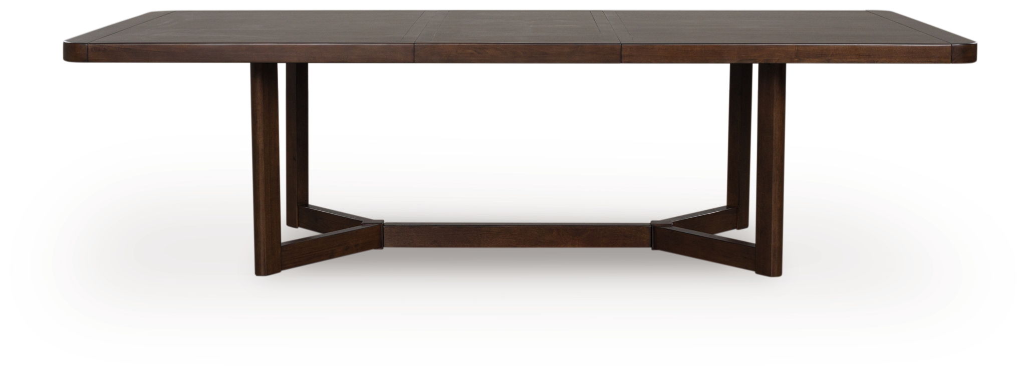 Dark brown rectangular extension dining table with flat top and squared legs.