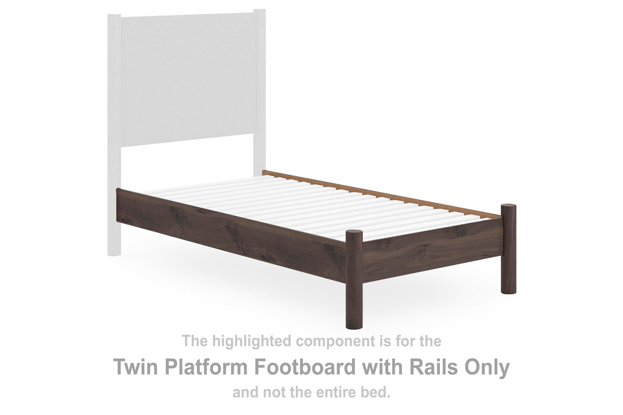 Twin platform bed footboard and side rails, dark brown wood with slatted base