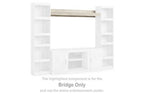 Whitewash bridge entertainment center front view with open side shelves and drawer