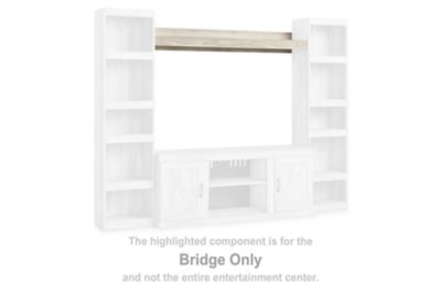 Whitewash bridge entertainment center front view with open side shelves and drawer