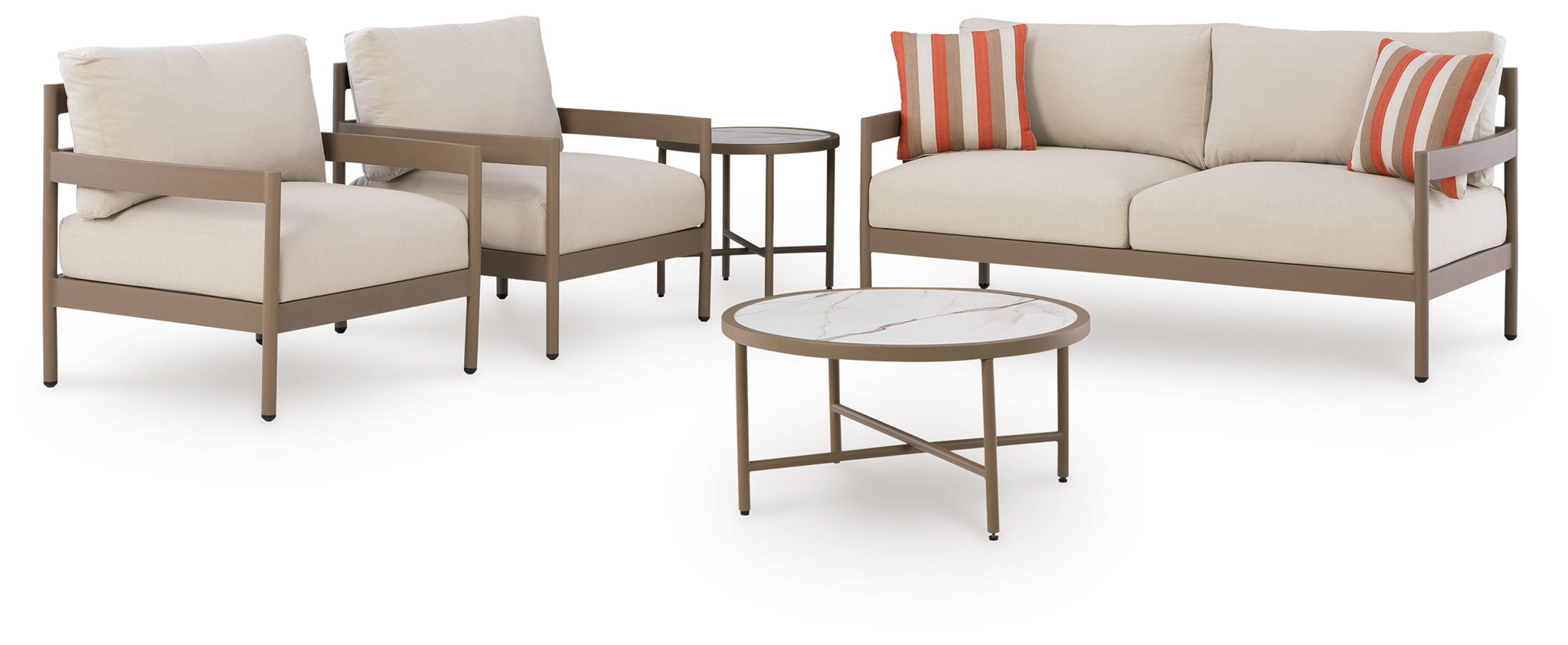 Beige patio set of 5 with loveseat, two lounge chairs, and round coffee and side tables