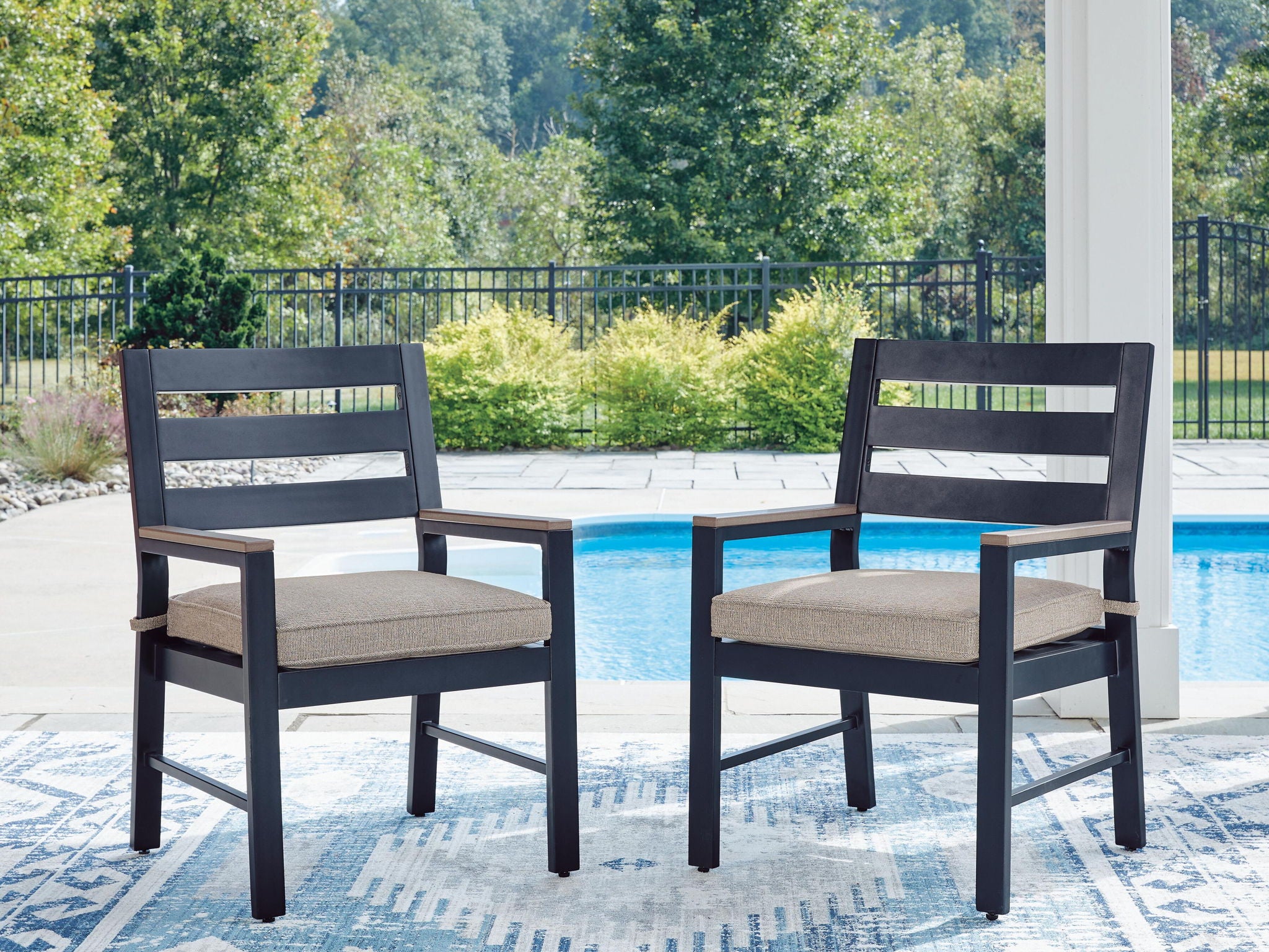 Blue outdoor armchairs set of 2 with gray cushions and slatted backs