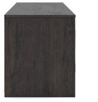 Dark wood TV stand with fireplace opening and flat top surface