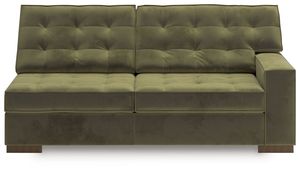 Olive green RAF sofa with channel-tufted back panels and split padded base