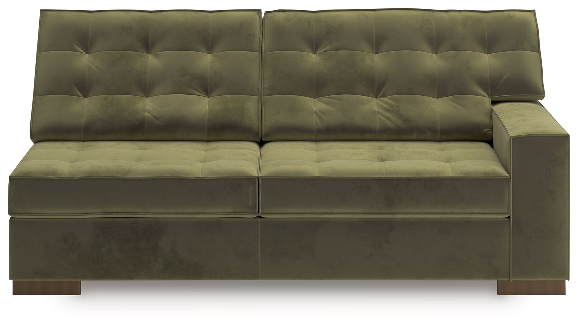 Olive green RAF sofa with channel-tufted back panels and split padded base
