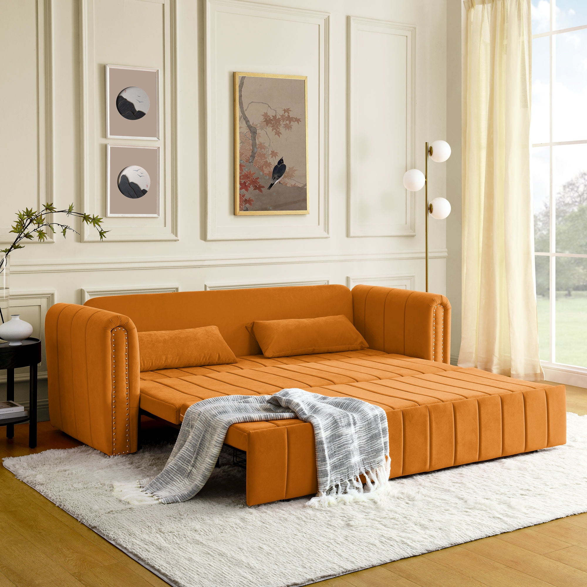 3 In 1 Pull-Out Bed Sleeper, Modern Upholstered 3 Seats Lounge Sofa & Couches With Rolled Arms Decorated With Copper Nails, Convertible Futon 3 Seats Sofabed With Two Drawers And Two Pillows