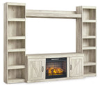 Beige entertainment center with two doors and open shelves, featuring a glowing electric fireplace