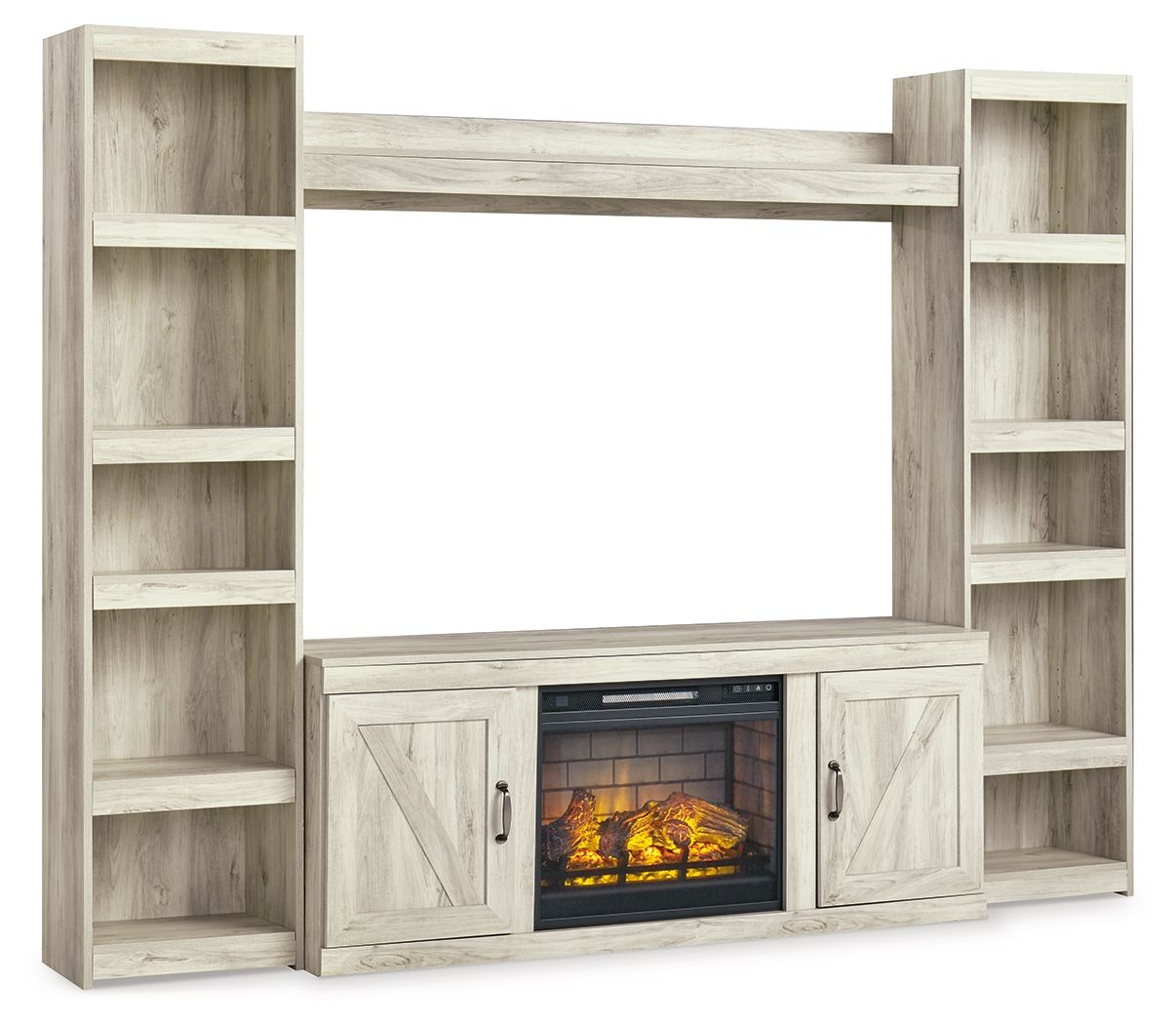 Beige entertainment center with two doors and open shelves, featuring a glowing electric fireplace