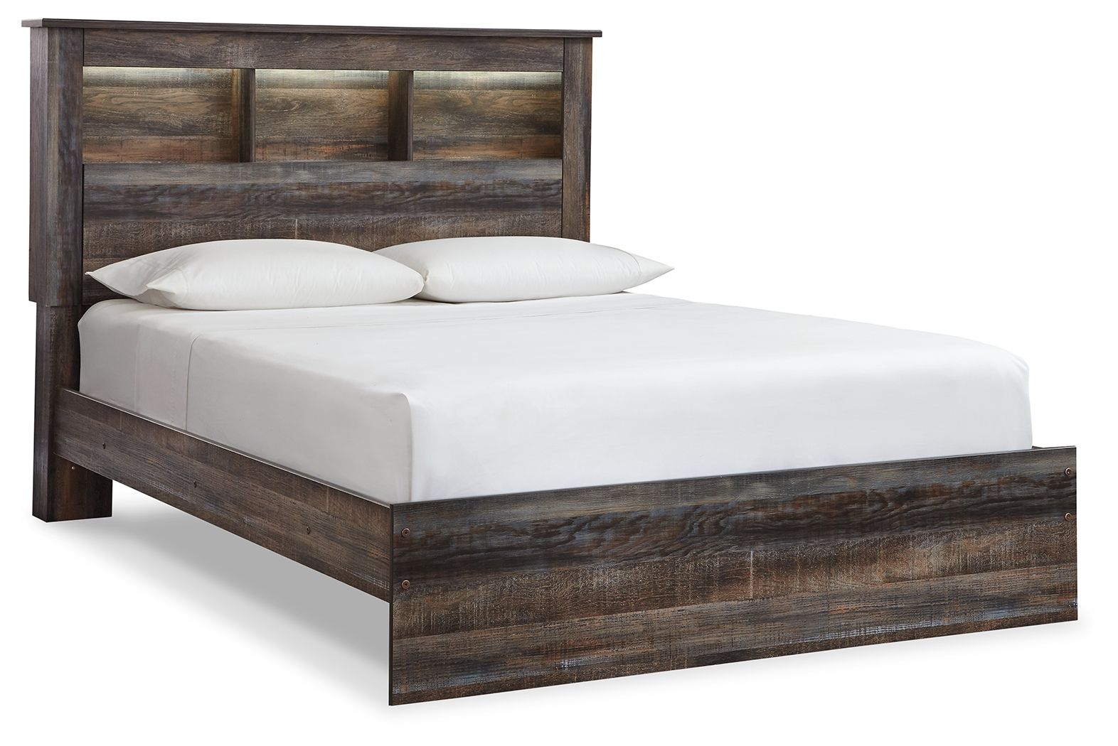 Panel bookcase bed with dark wood frame, open shelf headboard, and side drawer storage