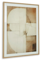 Framed abstract wall art print featuring white shapes over tan and brown blocks.